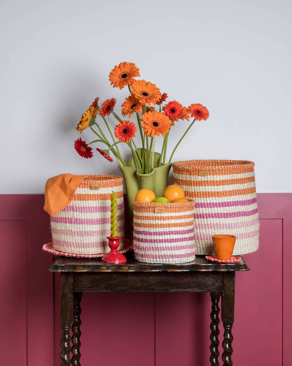 Handwoven Orange, Pink & Purple Stripe Storage Basket